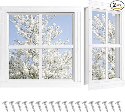 Shed Windows 2 Pack, Chicken Coop Fixed Windows 12" x 12" White | Square Gable Flush Mounted Small Windows with Tempered Glass for Shed, Barns, Playhouse, Household, Garage