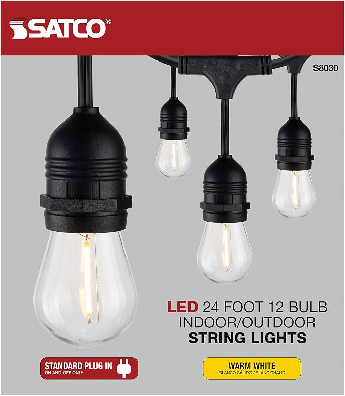 Satco S8030 LED Indoor/Outdoor String Lights, Black, S14 Bulbs, 24 Feet (Pack of 1)