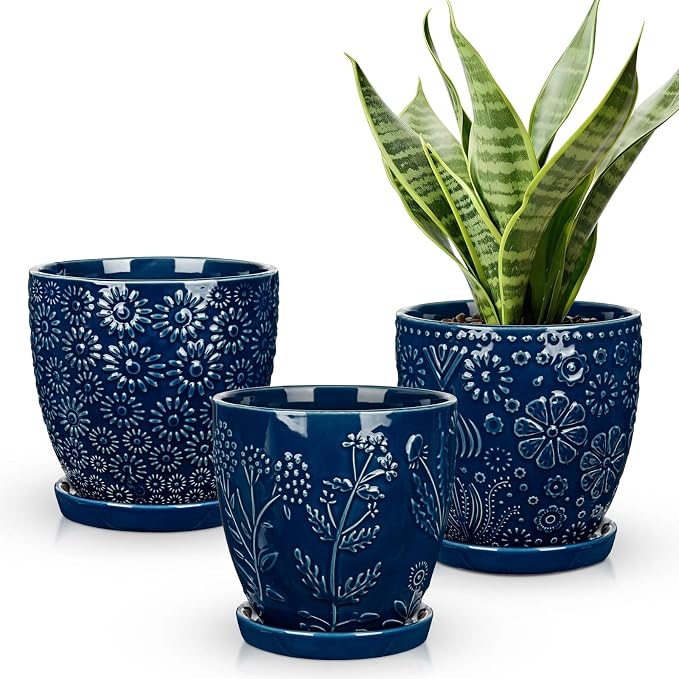 Hollyone Set of 3 Blue Ceramic Planter 6 Inch Flower Plant Pot with Drainage Hole and Saucer for Plants Embossed Indoor Outdoor Garden Embossed Ceramic Glazed Round Pot for Succulent Orchid