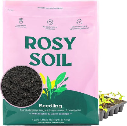 Rosy Soil Seedling Seed Starter Soil Mix, Organic, Peat-Free, 4 Quarts | Worm Castings, Biochar and Mycorrhizae Blend, For Seed Germination, Microgreens, Propagation, Herbs, Vegetables, Flowers