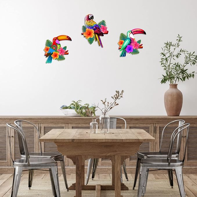 Meduofon 3 Pack Metal Birds Wall Art Decor, Beautiful Parrot Toucan Outdoor Wall Decor for Patio Wall Fence Deck Garden Home Balcony Tropical Bird Macaw Wall Sculpture Hanging for Indoor Outdoor