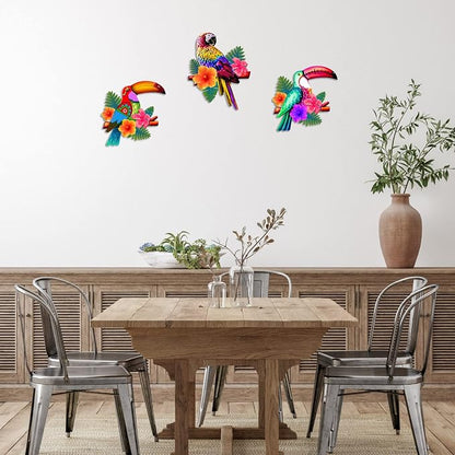 Meduofon 3 Pack Metal Birds Wall Art Decor, Beautiful Parrot Toucan Outdoor Wall Decor for Patio Wall Fence Deck Garden Home Balcony Tropical Bird Macaw Wall Sculpture Hanging for Indoor Outdoor