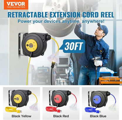 VEVOR Retractable Extension Cord Reel, 30 FT, Heavy Duty 16AWG/3C SJTOW Retractable Power Cord Reel with Lighted Triple Tap Outlet 10 Amp Circuit Breaker 4.5FT Lead-in Cord, for Ceiling or Wall Mount
