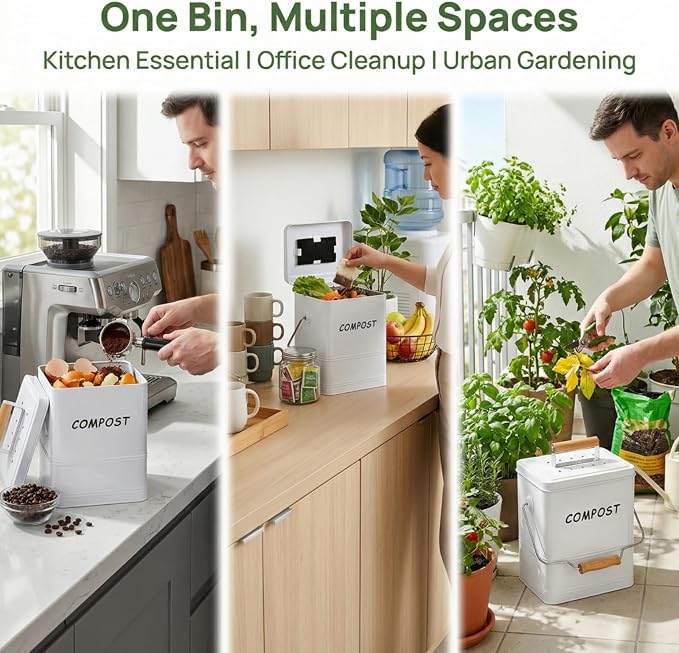 Tlence 1.7 Gallon Kitchen Compost Bin, Countertop Food Waste Pail with Handles, Odorless Composting Bucket with Carbon Filters, Indoor Small Food Scrap Composter for Trash Waste, White