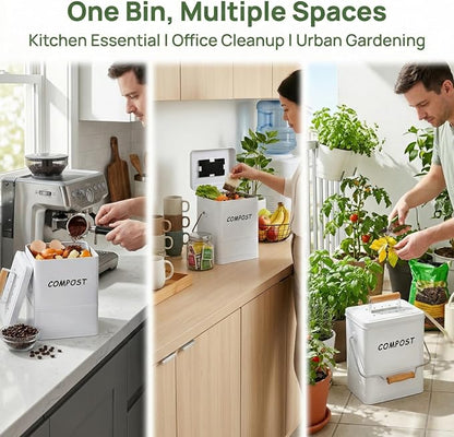 Tlence 1.7 Gallon Kitchen Compost Bin, Countertop Food Waste Pail with Handles, Odorless Composting Bucket with Carbon Filters, Indoor Small Food Scrap Composter for Trash Waste, White