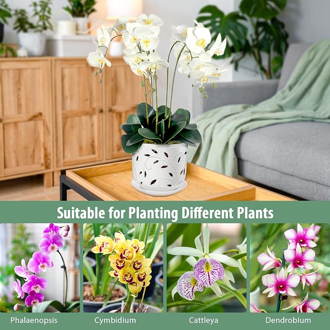 Orchid Pots with Holes, 7 Inch Orchid Pots with Drainage Holes and Tray, Indoor or Outdoor Ceramic Flower Pot for Orchid Care, Promoting Air Circulation - White