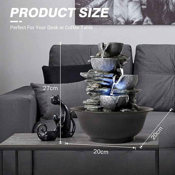 Tabletop Water Fountain Indoor Waterfall Fountains Stacked Rocks Water Feature Feng Shui Zen Meditation Relaxation Desktop Fountain for Home and Office Indoor Spaces Decor (Style 15)