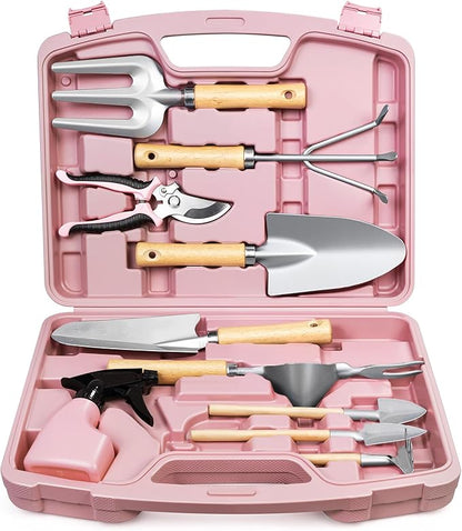 Grenebo 12-Piece Womens Gardening Tools Gift Set, Rust-Proof & Heavy-Duty Garden Tools with Durable Carrying Case, Fashionable & Thoughtful Gardening Gifts for Women&Men (Pink-Silver)