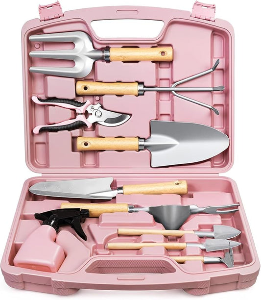Grenebo 12-Piece Womens Gardening Tools Gift Set, Rust-Proof & Heavy-Duty Garden Tools with Durable Carrying Case, Fashionable & Thoughtful Gardening Gifts for Women&Men (Pink-Silver)