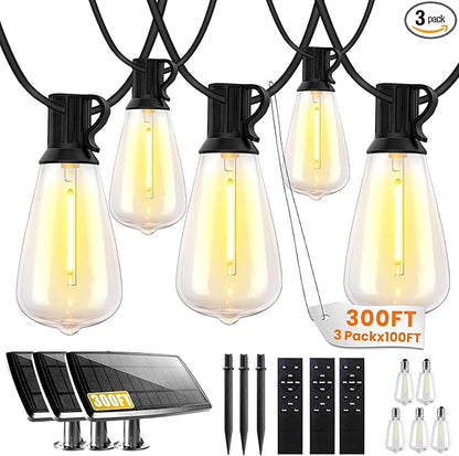 Bdrofn 300FT Solar String Lights Outdoor Waterproof, Solar Patio Lights with Remote Control & 90+5 Dimmable ST38 Edison Bulbs Shatterproof,Solar Powered String Lights for Outside Garden Backyard