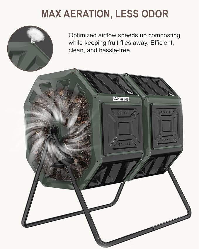 THE Growing 53 Gallon Large Outdoor Compost Bin Tumbler Barrel, Green | Dual 26.5gal lawn-matching chambers for bulk waste. Reinforced frame adds stability. Easy outdoor bolt structure assembly.