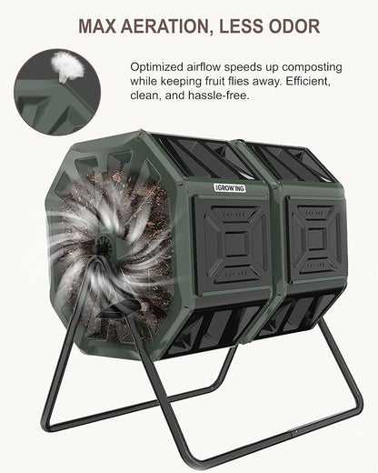 THE Growing 53 Gallon Large Outdoor Compost Bin Tumbler Barrel, Green | Dual 26.5gal lawn-matching chambers for bulk waste. Reinforced frame adds stability. Easy outdoor bolt structure assembly.