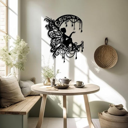 LIYOUYA Moon Flower Fairy Metal Wall Decor - Rustic Farmhouse Room Decor Black Wall Art Home Decor for Living Room, Bedroom, Outdoor (Black)