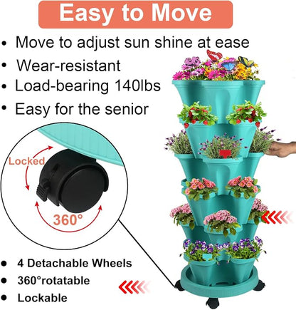 GameXcel Vertical Planter, 6 Tier Stackable Strawberry Planter with Garden Tool Set, Movable Indoor/Outdoor Garden Herb Pot for Growing Vegetables and Succulents, Teal