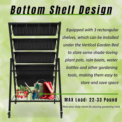 Homdox 4FT Vertical Garden Bed, 5 Tiers Vertical Raised Garden Planter, 25.6 * 26 * 48Inch Garden Raised Bed with 4 Hooks & 4 Wheels, Vegetable Flower Planter Raised Stand, Black with Storage Rack