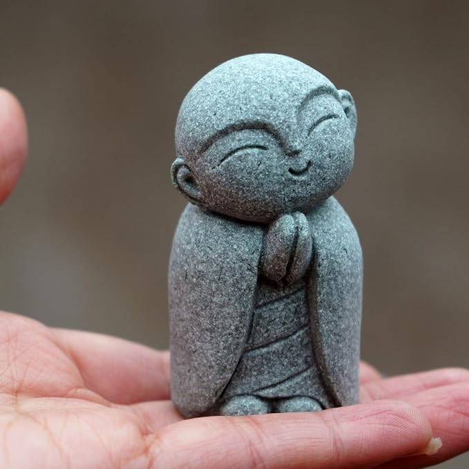 OwMell Japanese Jizo Monk Statue, Buddha Jizo Figurine Memorial Aquarium Statue Ornament - Tilt Smile