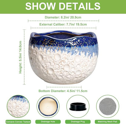 Ceramic Planter 8 Inch - Ceramic Plant Pots Indoor with Drainage Hole and Plug, Decorative Planters for Indoor Outdoor Plants, Modern Flower Pots, Patio Decor, Plant Lover Gifts, Beige-Blue