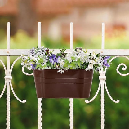 3 Pack Metal Railing Planters, 10.5" Oval Hanging Flower Pots with Detachable Hooks & Drainage Holes, Fits Rails up to 2.36", Galvanized Iron Fence Bucket for Balcony Garden Patio - Chocolate