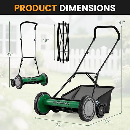 Goplus 18 Inch Push Reel Lawn Mower, 5-Blade Manganese Steel Manual Grass Cutter, 4-Position Adjustable Height, Removable Grass Catcher, Quiet No-Motor Walk-Behind Mower for Yard, Lightweight