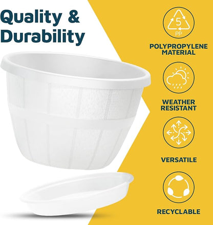 10-Inch Whiskey Barrel Planters Outdoor Pack of 5 - Durable Plastic Plant Pots for Indoor & Outdoor Use with Drainage & Saucer, Lightweight Rustic Barrel Planters for Flowers, Herbs & Small Plants
