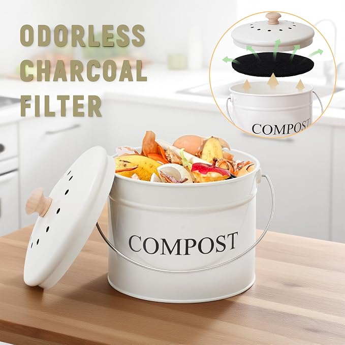 Compost Bin - 1 Gallon Countertop Composter with Lid, Charcoal Filters, Rust Proof Indoor Food Waste Bin
