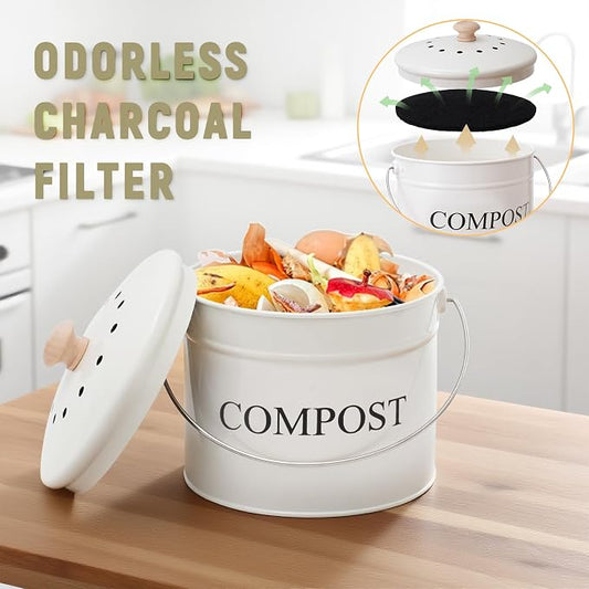 Compost Bin - 1 Gallon Countertop Composter with Lid, Charcoal Filters, Rust Proof Indoor Food Waste Bin