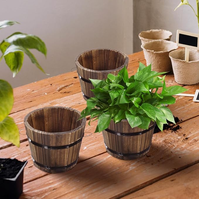DOITOOL Rustic Wooden Barrel Planter: Wood Whiskey Barrel Bucket Flower Pots Indoor Outdoor Plants Boxes Container for Home Garden Patio Backyard - 7.08 x 5.9 x 5.1 inches (Medium)