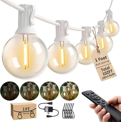 Outdoor-String-Lights with Remote 102FT Waterproof lights for Outside Patio | 1FT Bulbs Apart, White Cord String Lights, Connectable Dimmable Patio Lights with Remote,Timer, 3 Modes for Backyard,Bistro