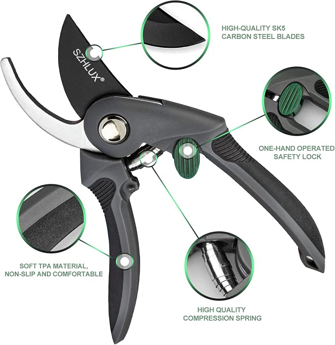 SZHLUX Pruning Shears, Premium SK5 Carbon Steel Blades Hand Pruner for Garden, Sharp Precision Pruning Scissors, 5/8’’ Plant Clippers， Tree Trimmers