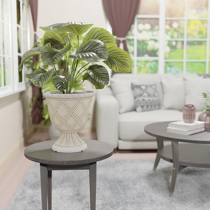 Arcadia Garden Products PL60BG Lattice Plastic Garden Urn, Classic Decorative Garden Pot Planter for Indoor and Outdoor Plants, White