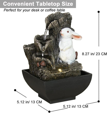 Cascading Rock Tabletop Fountain, Cute Indoor Waterfall Fountain with Colored LED Lights and Rolling Ball, 3 Tiered Desktop Fountain for Office Home Bedroom (Rabbit)