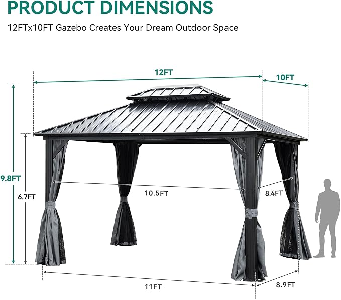 YITAHOME 10x12ft Hardtop Gazebo with Nettings and Curtains Heavy Duty | Double Roof Galvanized Steel Outdoor Combined of Vertical Stripes Roof for Patio, Backyard, Deck, Lawns, Gray