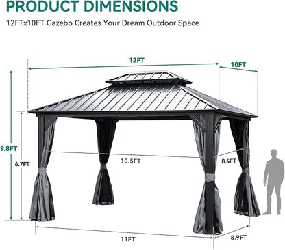 YITAHOME 10x12ft Hardtop Gazebo with Nettings and Curtains Heavy Duty | Double Roof Galvanized Steel Outdoor Combined of Vertical Stripes Roof for Patio, Backyard, Deck, Lawns, Gray