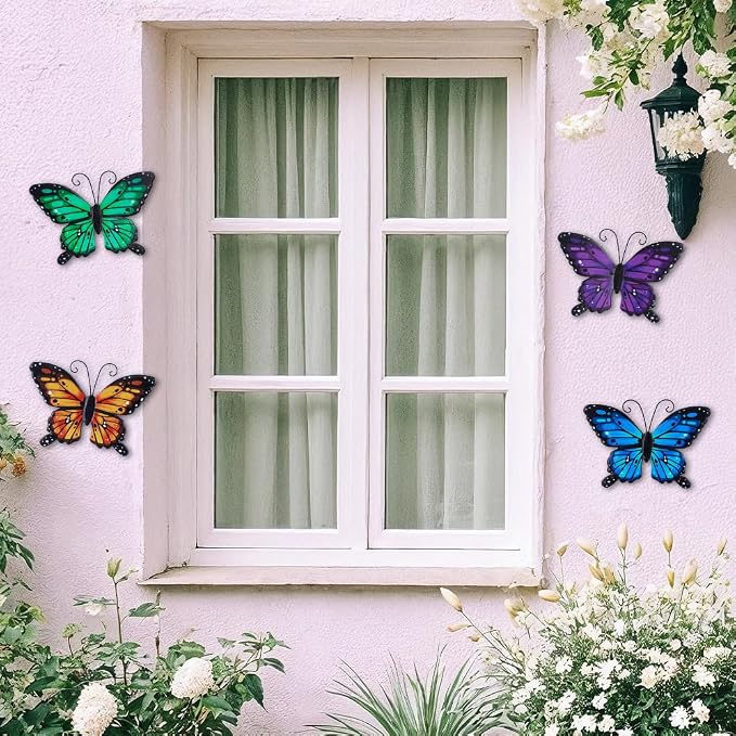 hogardeck Metal Butterfly Wall Decor, 4 PCS Multicolor Butterfly Spring Decor for Indoor Outdoor, Decorative Hanging Wall Art for Kitchen, Living Room, Porch, Garden, Yard