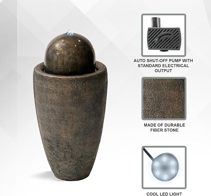 XBrand 25.98" Modern Sphere Water Fountain with LED Light – Indoor Outdoor Stone Texture Floor Fountain, Zen Bubbling Ball Water Feature for Garden Patio Porch - Bronze