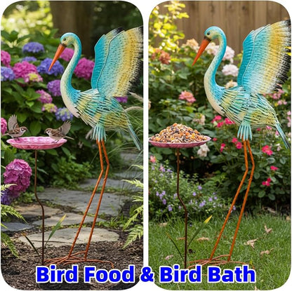 Large Heron Garden Statue for Outside,39" Crane Outdoor Statues with Leaf Tray,Metal Yard Art for Porch Backyard Patio Lawn Decor（Green+Pink）
