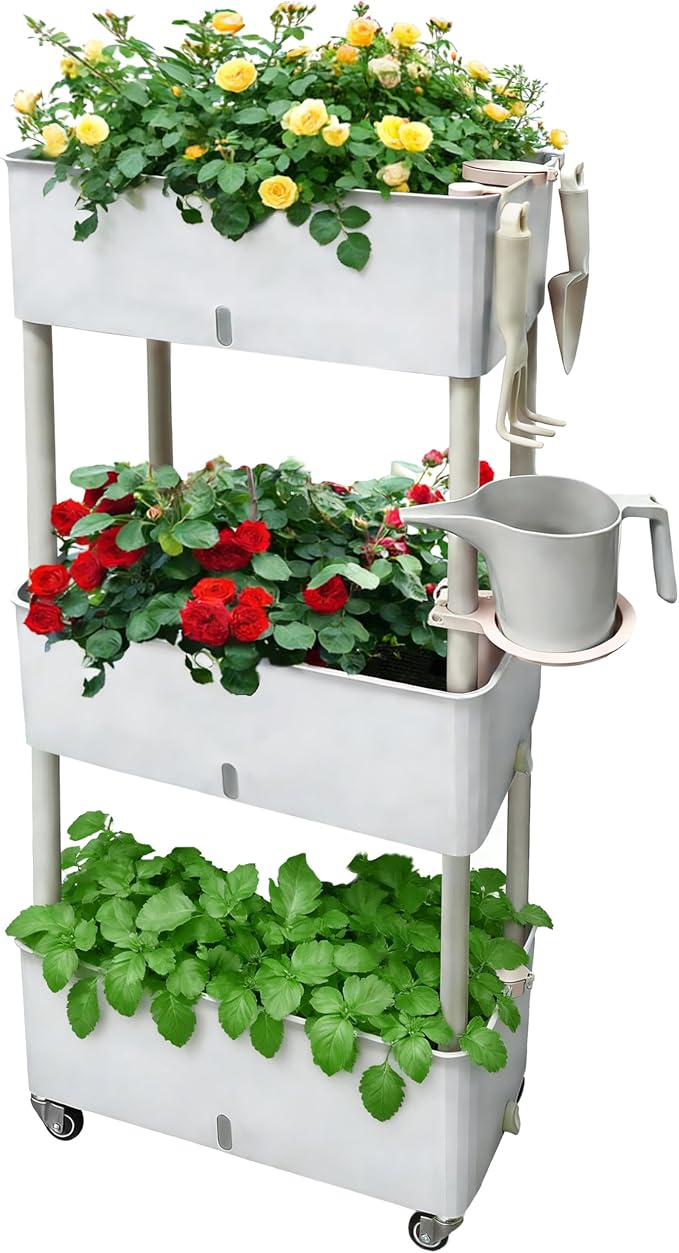 Self-Watering Raised Planter Box with Lockable Wheels,3-Tier Elevated Garden Bed with Visible Water Level Window,Indoor Outdoor Plastic Plant Box for Flowers,Vegetables & Herbs