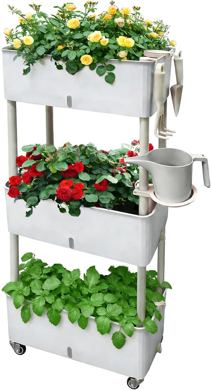 Self-Watering Raised Planter Box with Lockable Wheels,3-Tier Elevated Garden Bed with Visible Water Level Window,Indoor Outdoor Plastic Plant Box for Flowers,Vegetables & Herbs
