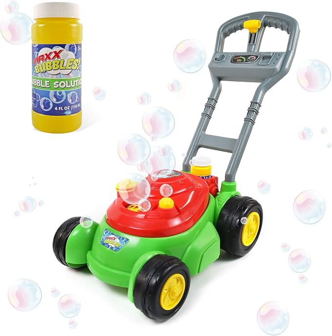 Maxx Bubbles Bubble-N-Go Mower, Includes 4oz Bubble Solution, Bubble Lawn Mower for Toddlers, Outdoor Bubble Toy for Kids, No Batteries Required, Red
