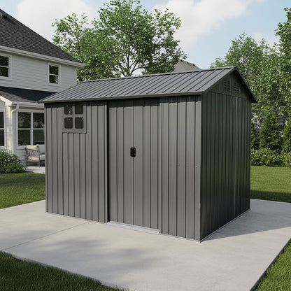 8x6 FT Outdoor Storage Shed,Galvanized Steel Heavy Duty Metal Tool Shed with Window & Vents,Sliding Door,Weatherproof Utility Shed for Backyard Patio Lawn,Gray