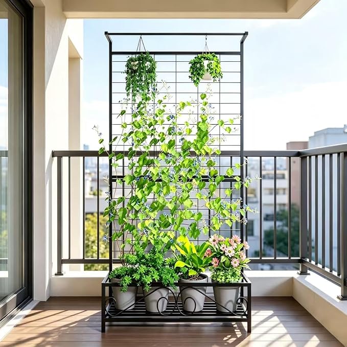 Zhongma Metal Planter with Trellis Raised Bed with Trellis for Vine Climbing Plants Flowers(12.8 x 35.43 x 74 in), 74 Inch Height Privacy Screen with Hanging Plant Pot Shelf
