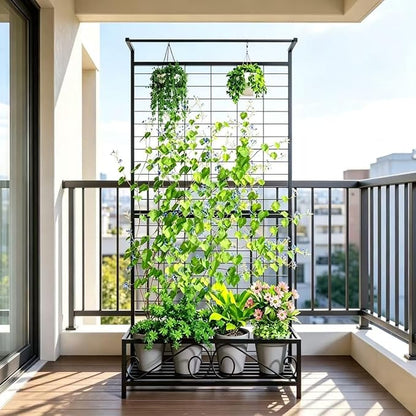 Zhongma Metal Planter with Trellis Raised Bed with Trellis for Vine Climbing Plants Flowers(12.8 x 35.43 x 74 in), 74 Inch Height Privacy Screen with Hanging Plant Pot Shelf