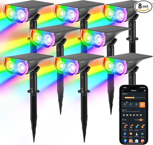 Linkind Smart Solar Spot Lights Outdoor SL5C, Solar Lights Outdoor Spotlight Cool/Warm White/Color Changing, APP/Voice Control IP67 Landscape Lighting for Yard, Garden, Pathway(8 Pack)