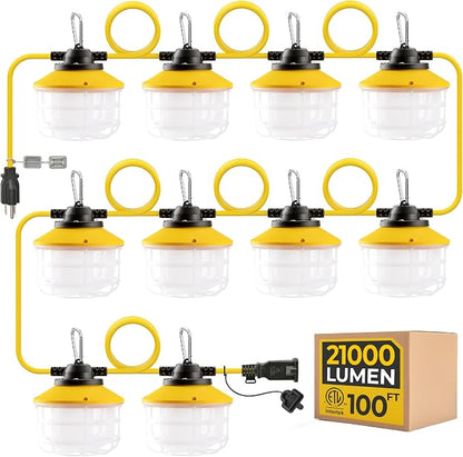 100FT 150W 3Prong Bright ETL Listed LED Work Construction String Lights | Linkable Up to 6 sets, 140 LM/W, 18/3 SJTW, IP65 Waterproof, Outdoor Temporary Hanging Lighting for Jobsite Shop Crawl Space