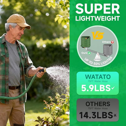 Garden Hose 75FT Non-Expandable Water Hose Flexible Kink-Free Lightweight Leak-Proof Sturdy Outdoor Hose Water Pipe for Garden Yard Lawn Camper 3/4 Inch Fittings