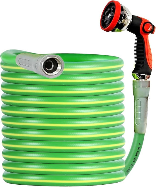 HQMPC Garden Hose 5/8"IDx75' Hose garden watering yard lawn irrigation Durable PVC Non Kinking Hybrid Hose with Swivel Handle Heavy Water Hose with Brass Hose Fittings (75 FEET) Light Green