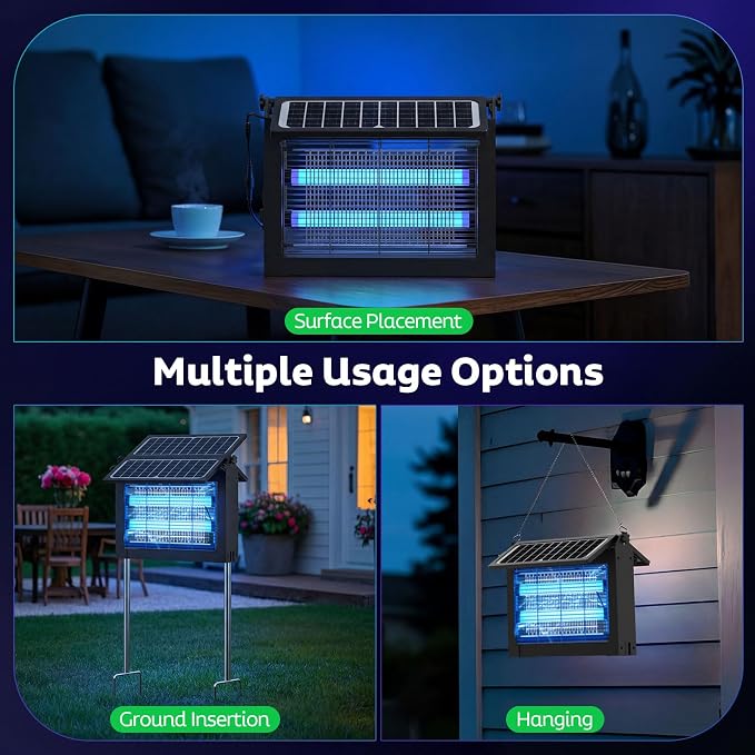 OnBeam Solar Bug Zapper Outdoor, Dual Solar Powered 4500V Mosquito Killer | IPX5 Waterproof, Solar & USB Charging, AUTO Mode, Rechargeable Fly Zapper, Electric Fly Trap for Backyard, Patio, RV Camping