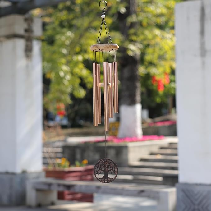 Solar Wind Chimes Outdoor with Glass and Copper (Circular Tree of Life)