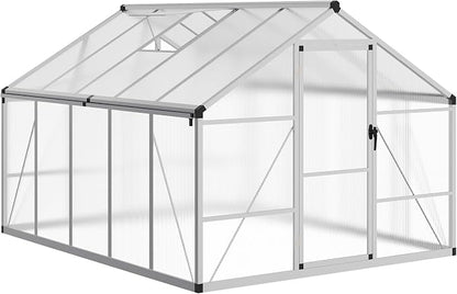 8x10 ft Walk-in Greenhouse, Polycarbonate Panels with Reinforced Aluminum Frame, Large Garden Green House for Planting and Seed Starting, Quick-Assembly Structure with Adjustable Roof Vent