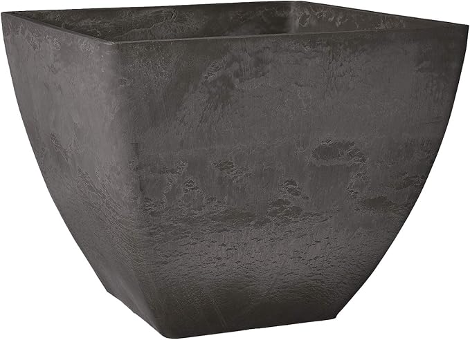 PSW Pot Collection 16x13 inch Plastic/Stone/Wood Composite Square Planter – No Drainage Hole (Drillable), Modern Indoor/Outer Pot for Flowers, Foliage, Succulents, Fairy Gardens, Dark Charcoal